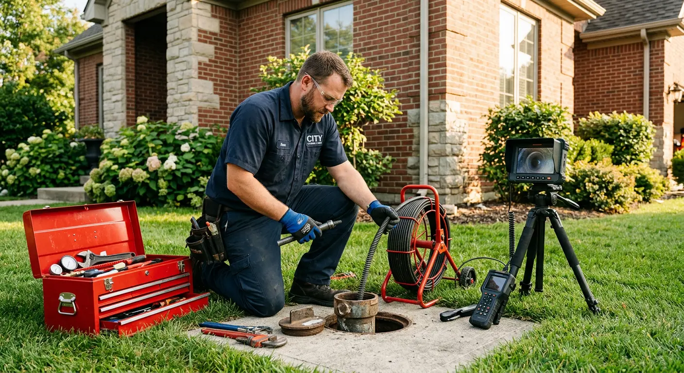 Sewer specialist with camera equipment servicing a cleanout in Harrison