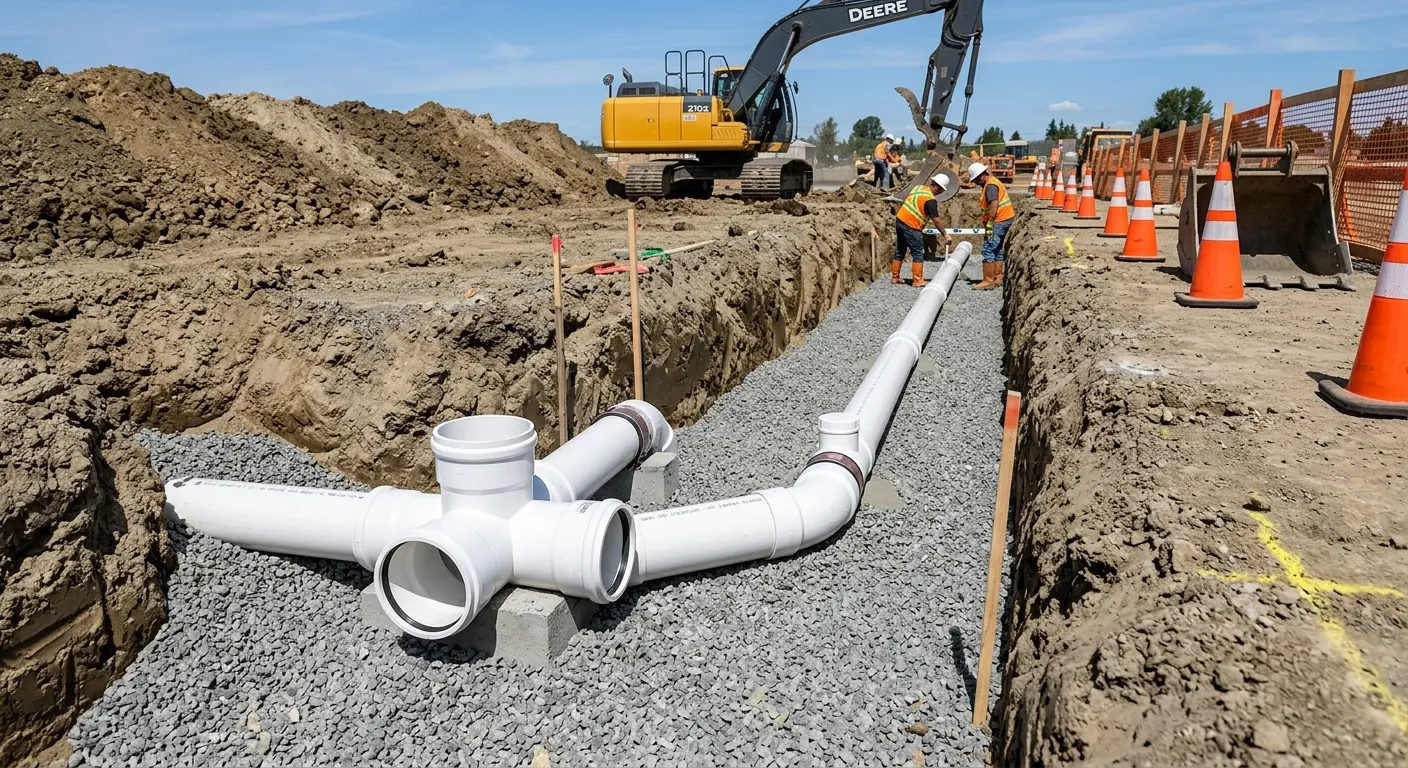 New PVC sewer pipe installation in open trench for Commercial Drain Cleaning in Harrison